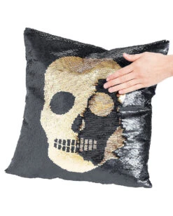 Totenschädel Wendepailletten Kissen Schwarz Gold -Halloween Serien Geschäft totenschaedel kissen mit flip pailletten skull flip sequin halloween pillow 39249 3